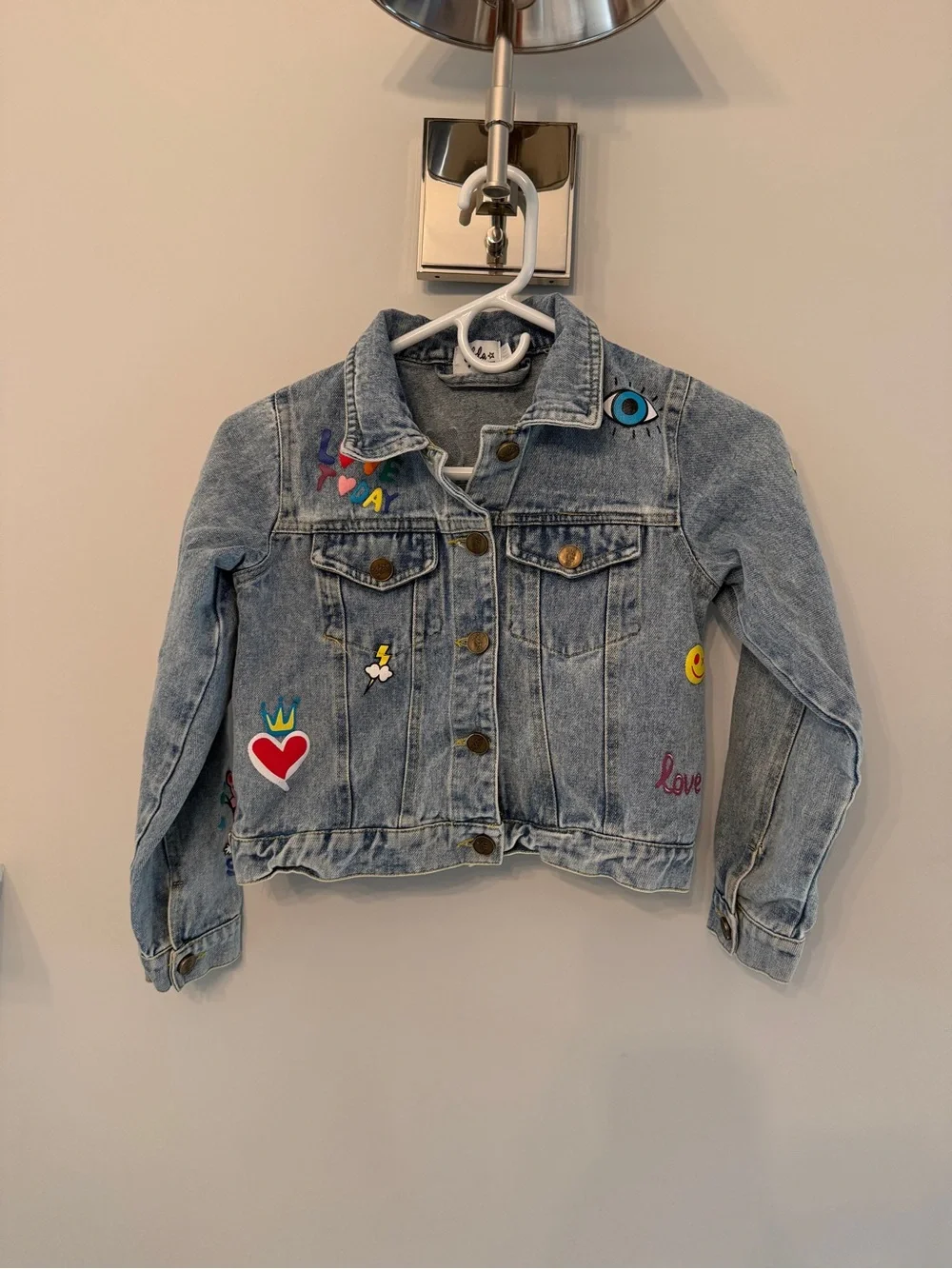Lola + The Boys Light Blue Denim Jacket with Colorful Patch Details